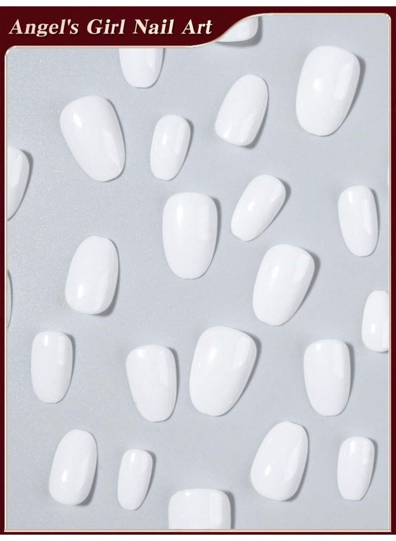 طقم أظافر ضغط قصيرة شكل بيضاوي 24 قطعة – لون بيج لامع مع فرنش أبيض + جيلي جل ومبرد - Image 4